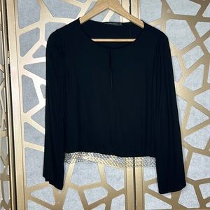 Zara Women Jeweled Silver Fringe‎ Hem Long Sleeve Blouse